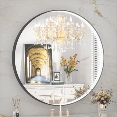 24" x 24" LED Bathroom Mirror with Lights, Round Black Frame Embedded Light Strip Design Modern Vanity Mirror, 3 Light Color Options & Dimmable & Anti-Fog, Ip54 Waterproof, CRI≥90
