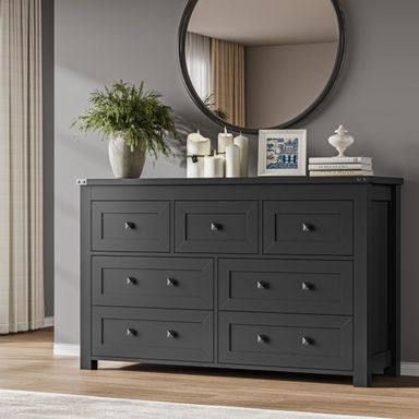 7-Drawer Dresser, Modern Wooden Storage Chest of Drawers, Dresser TV Stand, Wood Drawer Organizer with Metal Handles for Bedroom, Living Room, Hallway Black 7-Drawer