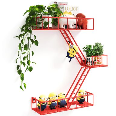 Fire Escape Shelf - 3 Tier Metal Red Fire Escape Wall Shelves with Baskets, New York Action Figurine Display Shelf, Unique Rustic Floating Decorative Wall Shelves for Any Room Red 2.5 Tier 2.5 Tier