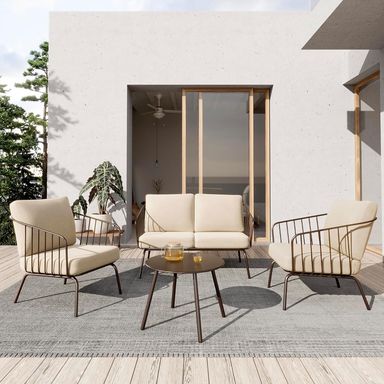EAST OAK 4-Piece Plaza Patio Furniture Set, Outdoor Furniture with Thick Cushion Sofa and Coffee Table, Modern Patio Conversation Set for Garden, Backyard and Porch, Brown & Beige 4-Piece Brown & Beige