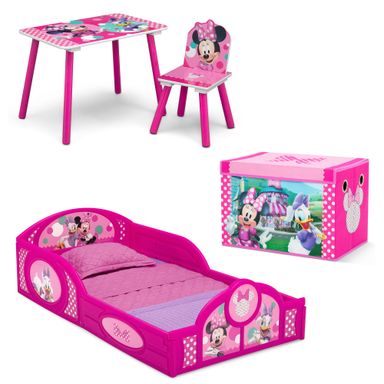 Delta Children Disney Minnie Mouse 4-Piece Toddler Room-in-a-Box Set – Includes Sleep and Play Toddler Bed, Table, 1 Chair and Toy Box, Pink