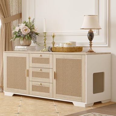 Cat Litter Box Enclosure Furniture Hidden Indoor 2-in-1 Wooden Cat & Washroom Cabinet with Scratching Board Doors and 3 Drawer for 2 Cats, 55"x20"x24"H