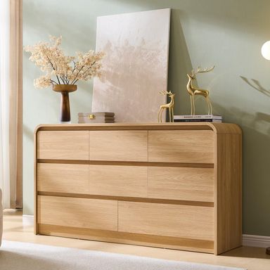 Modern 8 Drawers Dresser for Bedroom, 55" Wide Dressers & Chest of Drawers w/Curved Profile Design, Wood Mid Century Storage Dressers Organizer for Bedroom, Living Room, Natural Oak Natural 15.5"D x 55.1"W x 30.7"H