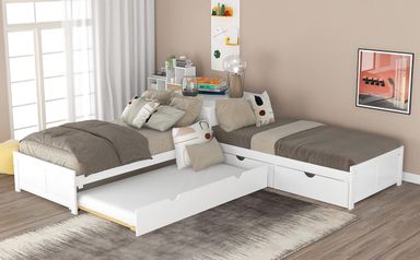 Harper & Bright Designs L-Shaped Platform Bed Frame with Trundle and Drawers Linked with Built-in Desk for Kids Boys Girls, Twin, White