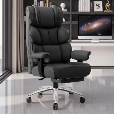 Office Desk Chair, Big and Tall Leather Gaming Chair with Footrest, Wide Ergonomic Comfy Executive High-Back Reclining Computer Chairs, Swivel Rolling Wheels and Padded Lumbar Support, Black Black 3 Position Reclining