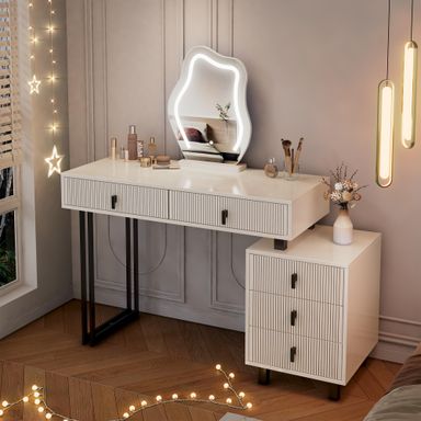 Vanity Desk with Mirror and Lights| Small Makeup Vanity Set with Adjustable Cabinet & 5 Drawers Storage| Modern Dressing Table for Small Spaces & Bedroom(White and Black) 35.43"