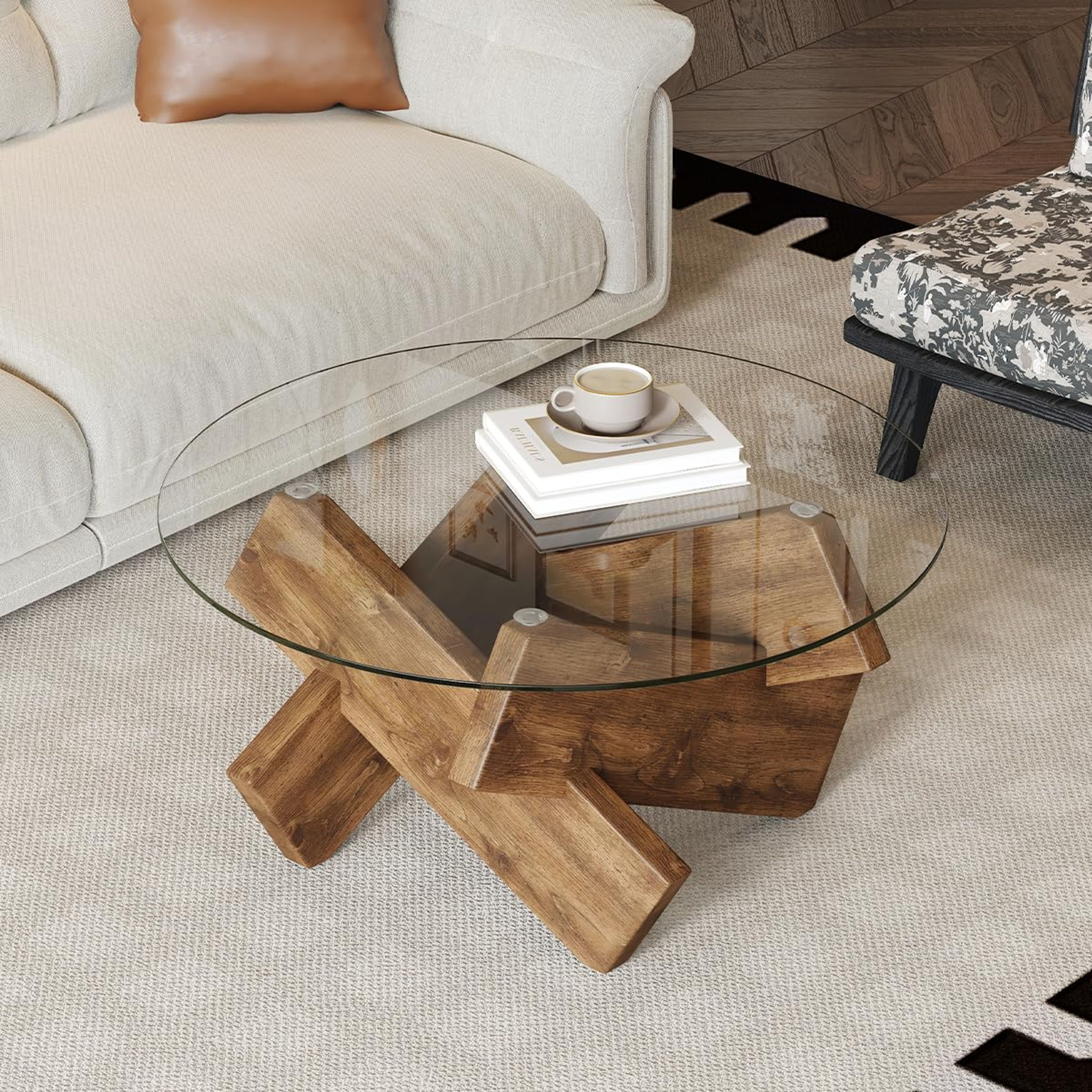 33-Inch Natural Round Glass Coffee Table for Living Room