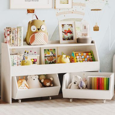 Toy Storage Organizer for Kids, Toy Storage Cabinet with Drawers, Boys and Girls Toy Shelf with Wheels, Toy Organizer Kids Bookshelf with Storage for Nursery, Playroom, Bedroom (White)