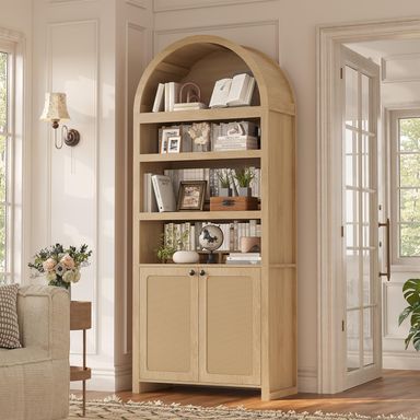 81" Tall Arched Cabinets,Bookcase with storage,Mid-Century Modern 6-Tier Bookshelf with Door,2 Book Risers and Adjustable Shelves offering more storage space for Living Room,Kitchen,Home Office,Oak