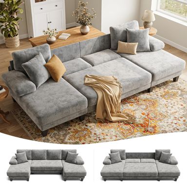 Txtin's Sleeper Sofa with Pull Out Couch Bed | 112 Inch Couches for Living Room | U-Shaped Convertible Sofa Bed | Chenille Light Grey