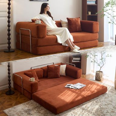 78.8" Convertible Sofa Bed - Compression Sofa with Corduroy Fabric - with Armrests and Backrest - Modular Sectional for Living Room, Bedroom, Studio - Compression Sofa in Box (Orange)