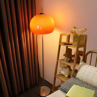 Bofea-Mid Century Modern Orange Floor lamp,Mushroom Tall Standing Lamp with Gradient Orange Dome Glass Shade,Chromium Color Pole Tall Lamp for Home Office Bedroom Livingroom Decor Floor Lamp.