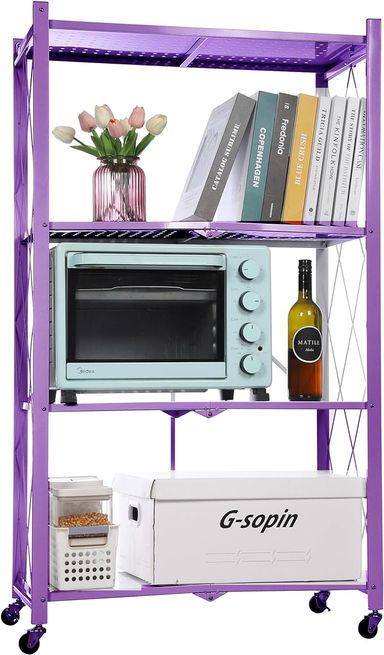 Amazon.com: Letusto Foldable Collapsible Shelf with Wheels & Breaks - Folding Shelf Heavy Duty Metal Frame Pantry Shelving Unit - Origami Bookcase - No Assembly Bookshelf (Purple, 4 Tier) : Home & Kitchen