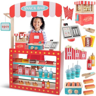 Movie Theatre Snack Bar Wooden Playset- Pretend Concession Stand Holiday Fun- Full Set w Popcorn Machine Hot Dogs Candy Bars Sodas Cash Register Credit Card- Kids Food Activity Center