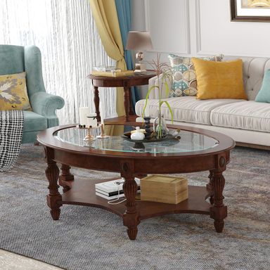 PADMA HOUSE Traditional Solid Wood Oval Coffee Table with Tempered Glass Top for Living Room,Cherry Walnut Coffee Table-1533GT