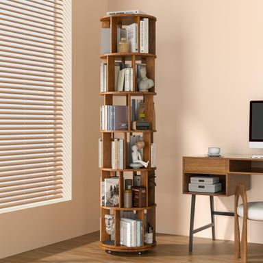 6 Tier Solid Wood Rotating Bookshelf on Wheels, 360° Spinning Book Shelf Tower, Round Revolving Bookcase Organizer, Rolling Bookshelves for Small Spaces, Corner, Bedroom, Kids Room, Office — Walnut Walnut 6Tier-78.6"H x 17.3"D x 17.3"W