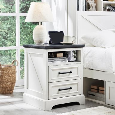 ACCOHOHO 18" Farmhouse Nightstand with Charging Station,End Table with 2 Drawers Storage,Side Table,Bedside Cabinet for Bedroom,Living Room,White White 1