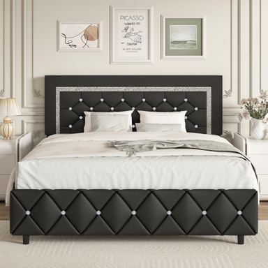 Queen Bed Frame with Headboard, Faux Leather Upholstered Bed with Button Tufted Headboard, Modern Platform Bed Frame with Diamond Design, No Box Spring Required, Easy Assembly, Black