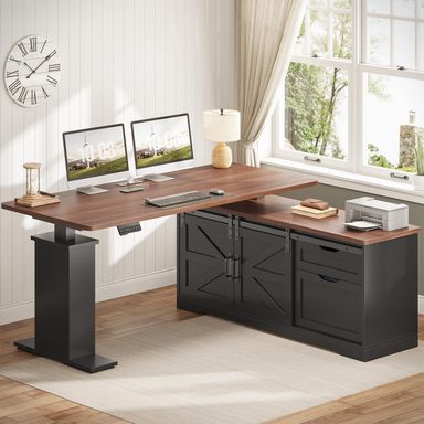 SEDETA Farmhouse L Shaped Standing Desk, 55 inch Height Adjustable Corner Desk with Storage Drawers, Standing Computer Desks with Power Outlets for Home Office, Black