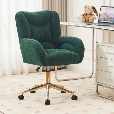 Soft Teddy Desk Chair Comfy with Gold Metal Legs&Wheels, 360 Swivel Comfy Office Chair with Height-Adjustable, Cute Green Office Chair for Women (Green-1)
