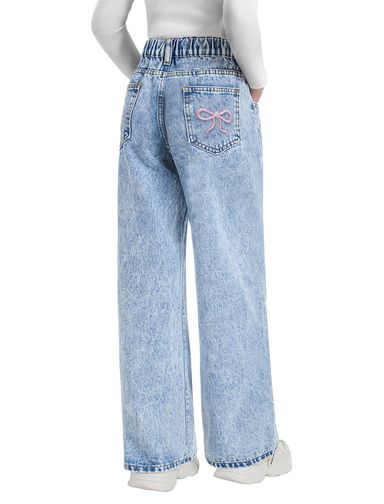 Girls Wide Leg Jeans Baggy Bow Embroidery High Elastic Waist Denim Pants Cute Y2K Trendy Tween Streetwear 8-16Y Light Blue 16 Years