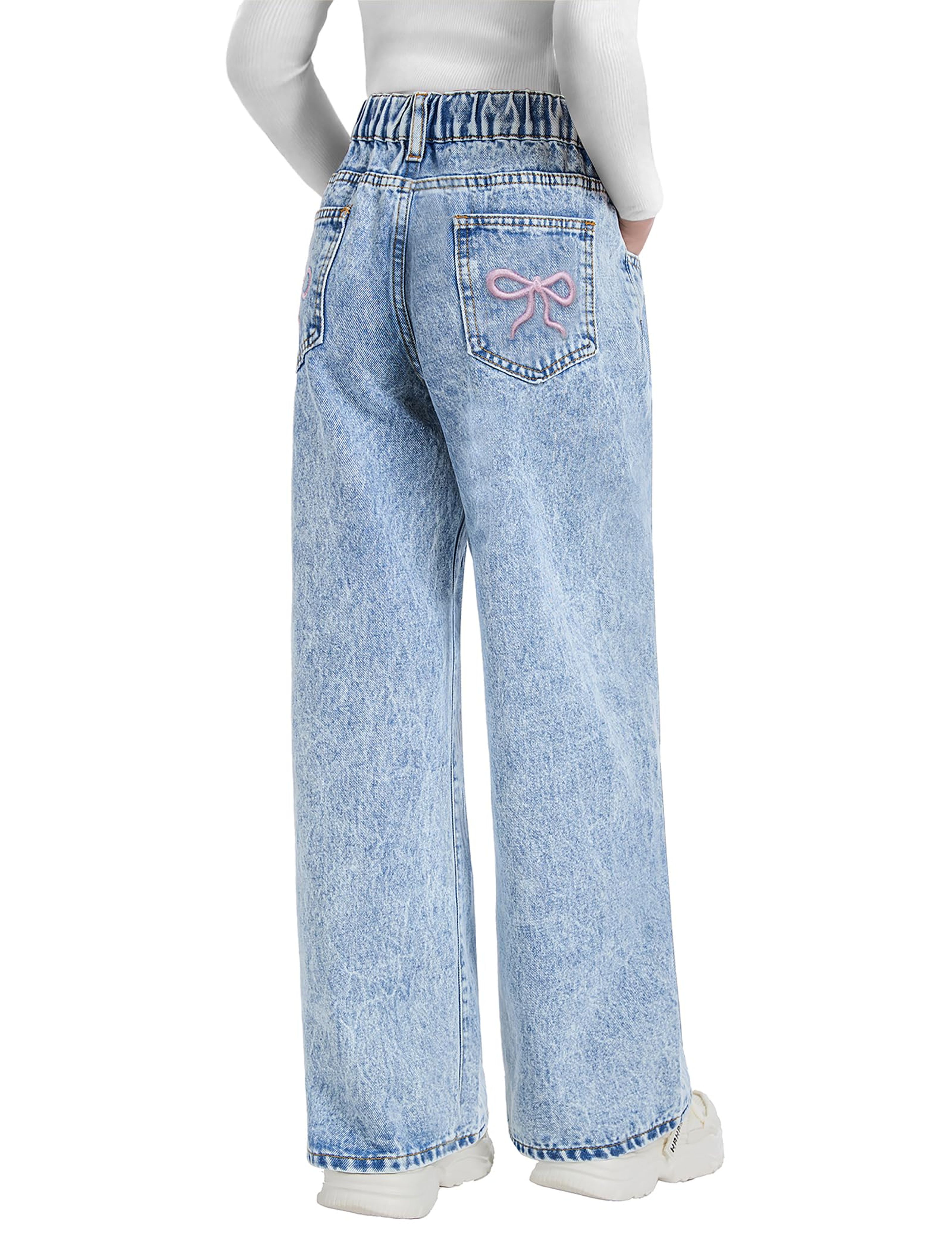 Girls Y2K Baggy Jeans with Bow Embroidery Light Blue 8-16Y