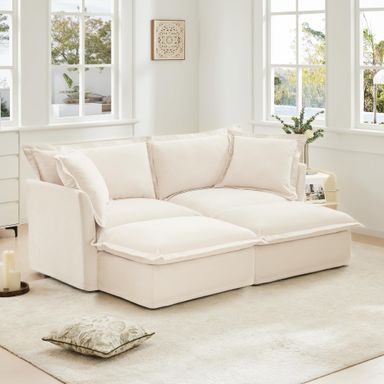 Deep Seat Cloud Couch Sectional Sleeper Sofa, 83.4" Comfy Loveseat with 2 Ottomans & Removable Cover, Modular Chaise Lounge 4 Seater Couch Bed for Living Room, Beige Chenille 83.4inch Beige