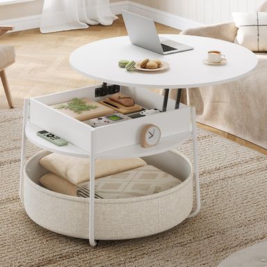 Lift Top Coffee Table with Storage, Round Coffee Tables for Living Room, 31.5'' Coffee Table with Fabric Basket, Small Farmhouse Coffee Tables Round Dining Table, White