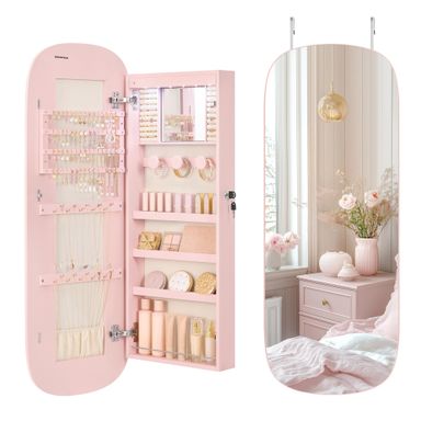 SONGMICS Jewelry Organizer, LED Jewelry Cabinet Wall/Door Mounted, Lockable Rounded Wide Mirror with Storage, Interior Mirror, 3.9 x 16.5 x 42.5 Inches, Jelly Pink Surface with Cream White Lining Jelly Pink + Cream White