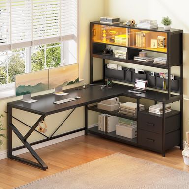 SEDETA L Shaped Gaming Desk, Home Office Computer Desk with 2 Drawer and Bookshelf, L Shaped Gaming Desk with LED Light, Glass Cabinet and Storage Bag, Corner Desk with Storage Shelves, Black