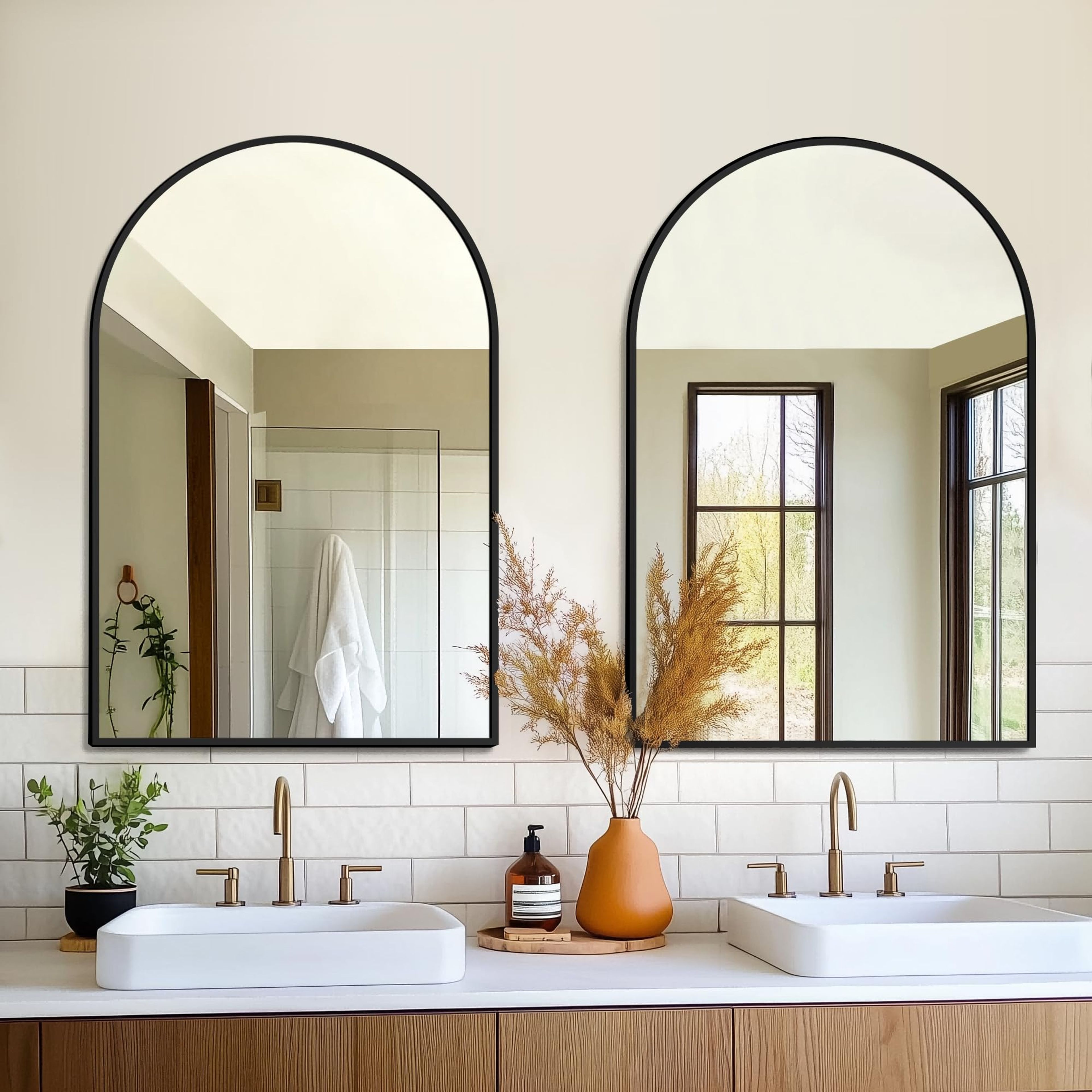 2-Pack 24x36 Black Arched Bathroom Wall Mirrors - Framed Vanity