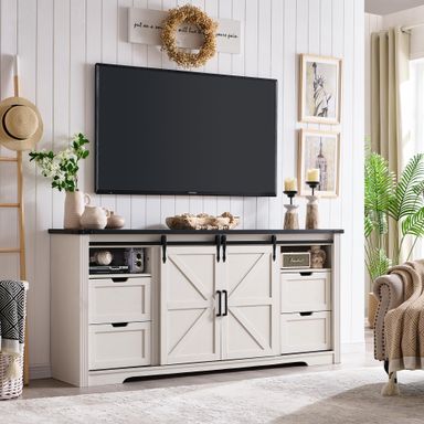 Farmhouse TV Stand for 75+ Inch TV, 32" Tall Entertainment Center w/4 Drawers & Sliding Barn Door, Rustic Media Console w/Storage Shelves, 66" Wood Television Stand for Living Room, Off White 66"W X 15.5"D X 32"H(Without Fireplace) Off White