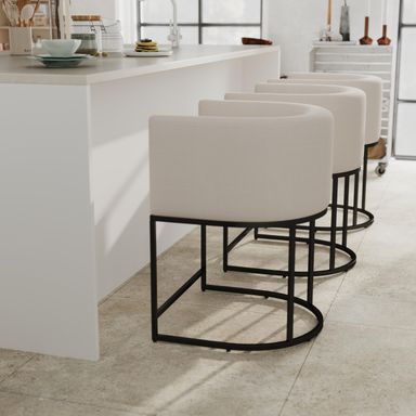 Contemporary Cream Linen Bar Stools Set of 3, 24" Upholstered Fabric Counter Height Barstools Kitchen Counter Island Stools with Screwed Together Black Metal Base 3 24" Cream Black Legs