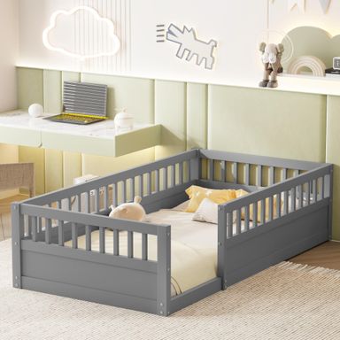 Floor Bed for Kids, Twin Size Montessori Bed with High Fence Railings, Wood Playhouse Bed with Rails for Baby Boys Girls Teens, No Slats Included, Gray Twin Grey