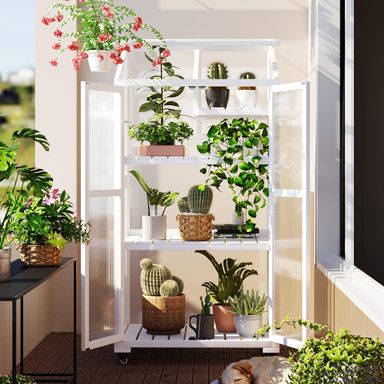 Polibi Wooden Greenhouse, Cold Frame Portable Greenhouse with Wheels and Adjustable Shelves for Indoor Outdoor Patio Balcony Garden, 31.5" Lx22.4 Wx62 H White 62'' H White