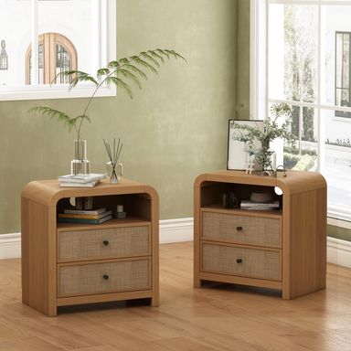 Oak&Sparrow Rattan Nightstand Set of 2, 23.6'' Rattan End Table with Ample Storage, Boho Nightstand with Charging Station, Thickened Curved Profile Design, Oak Nightstands for Living Room, Bedroom 2 Pieces Natural Oak