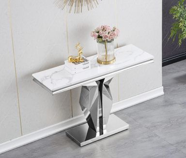 47.25'' Marble Console Table,Modern Luxury Long Narrow Console Entryway Table Hallway Table with Silver Diamond-Shape Stainless Steel Base and Marble Tabletop,Sofa Table for Living Room, Bedroom Console Table,white&silver-7