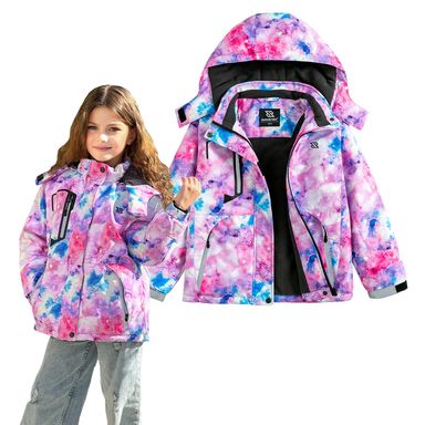 Simplee kids Girls Waterproof Ski Snow Jacket Fleece Raincoat Colorful Winter Coat Warm Hooded M-pink Purple Universe 6-7 Years