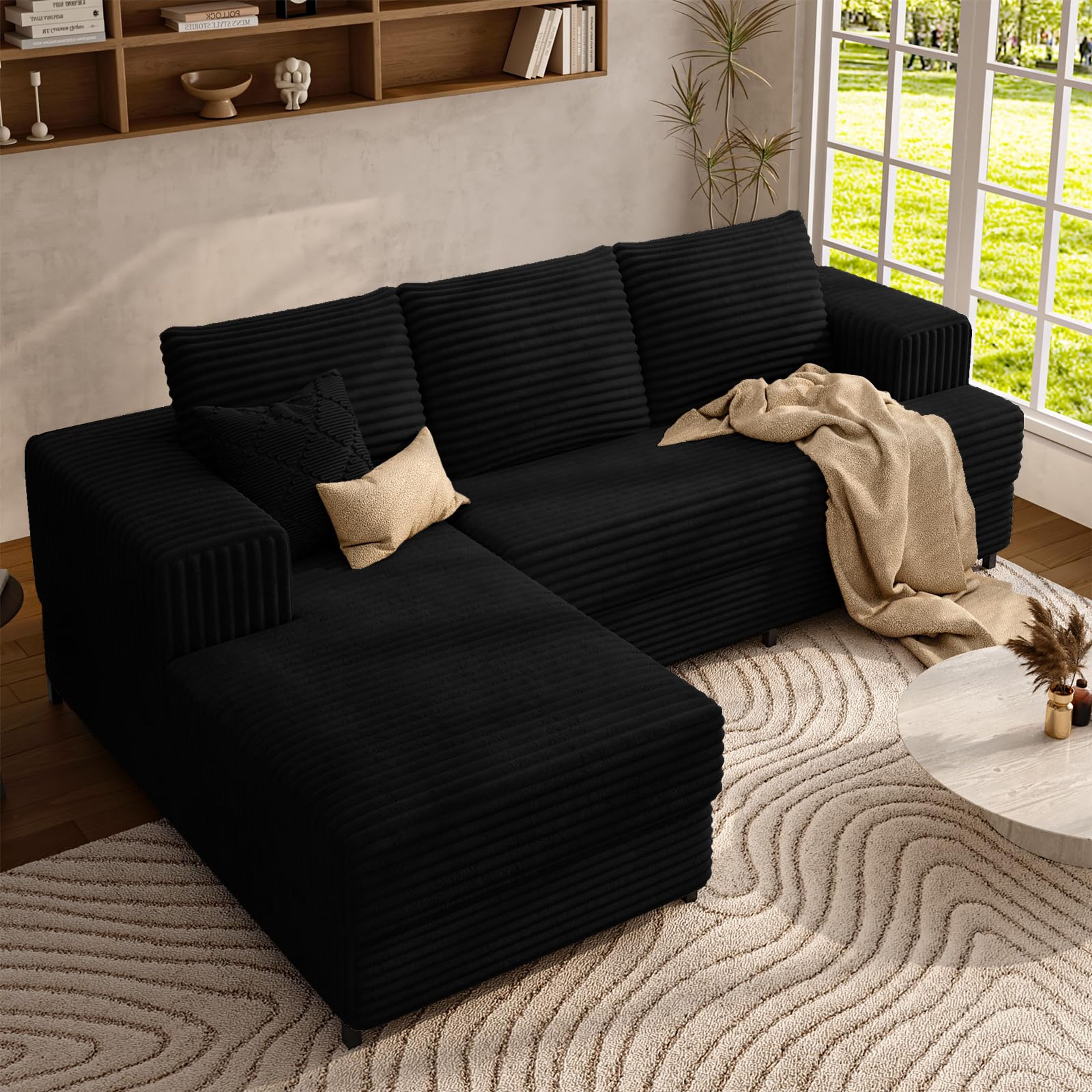 106" Black Corduroy Modular Sectional Sofa with Left Chaise Lounge
