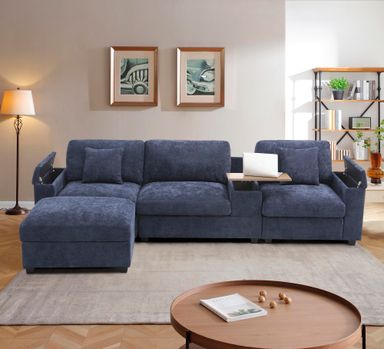 120.3" Modular Sectional Sofa, Oversized Comfy Cloud Couch, 4 Seater L Shaped Couch with Storage Armrest, Ottoman, USB Ports, Cup Holder, Table, Modern Linen Couches for Living Room, Dark Blue