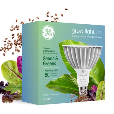 GE Grow LED Light Bulb, PAR38 Flood Light, Indoor LED Grow Lights for Plants, Seeds and Greens, Balanced Light Spectrum, 25,000 Hours Lifespan, 50 PPF, 1 Pack (Packaging May Vary) Seeds & Greens