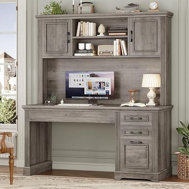 Amazon.com: SEDETA Office Desk with 3 Drawers, 47.2" Executive Computer Desk with Storage Drawers and Hutch Cabinet, Wood Farmhouse Desk with Power Outlet for Home Office, Grey : Home & Kitchen