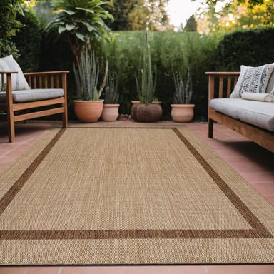 Bordered Outdoor Rug 8x10 Washable Outside Carpet for Indoor Patio Porch Waterproof Easy Cleaning Non Shedding Area Rugs Jute Beige - Nut Brown 8 x 10 10' x 8' (Rectangular) Bordered - Natural