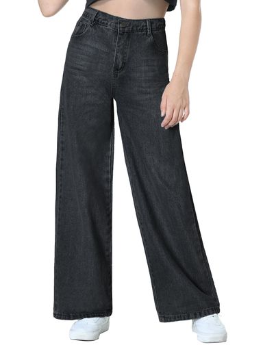 EXARUS Girls Jeans Pants Wide Leg/Flare/Skinny Denim Pant Ripped High Waist Elastic Band Casual with Pockets Kids 6-14Y Straight 12 Years Straight-black