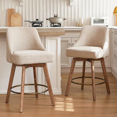 IWOOD Mid Century Modern Counter Height Bar Stools Set of 2,360° Swivel Barstools with Solid Wood Legs,26'' Island Chairs with Wrap-Around Backrest,Sand Linen Comfort Fabric Sand 26'' Bar Stools-2PCS