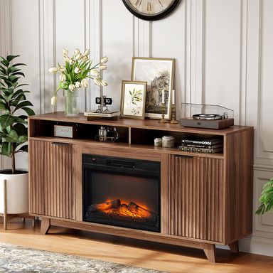 VINGLI Fireplace TV Stand for up to 70 inch TVs, Fluted Entertainment Center with Electric Fireplace Heater & Adjustable Shelves ＆ Open Cabinet, Fireplace Media Console Table for Living Room, Walnut Walunt 58”W x 13.58“D x 32”H