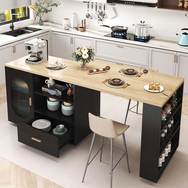 HSH 72" Rolling Kitchen Island with Seating, 360° Swivel Table, Kitchen Island with Storage Cabinet, Drawer & Shelves, Farmhouse Mobile Island Cart on Wheels for Dining Room & Home Bar, Black Oak Light Oak and Black