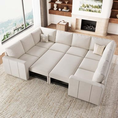 Belffin Oversized Sectional Sleeper Sofa with Pull Out Bed Convertible Velvet U Shaped Modular Sectional Couch Bed Beige Beige oversized sleeper sofa