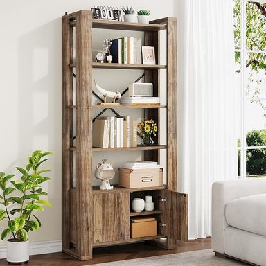 Amazon.com: Condemo 70.9 inch Tall Bookcase with Spring Doors, Farmhouse Bookshelf with Cabinet, 7-Tier Storage Shelves, Wood Organizer & Display Shelf for Home Office, Living Room & Bedroom, Rustic Brown : Home & Kitchen