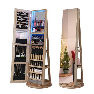 HNEBC 360° Swivel Jewelry Cabinet with Lights, Standing Jewelry Armoire Organizer, Rotatable Jewelry Mirror, Full Length Mirror with Jewelry Storage,Large Jewelry Organizer with Lockable (Wood)